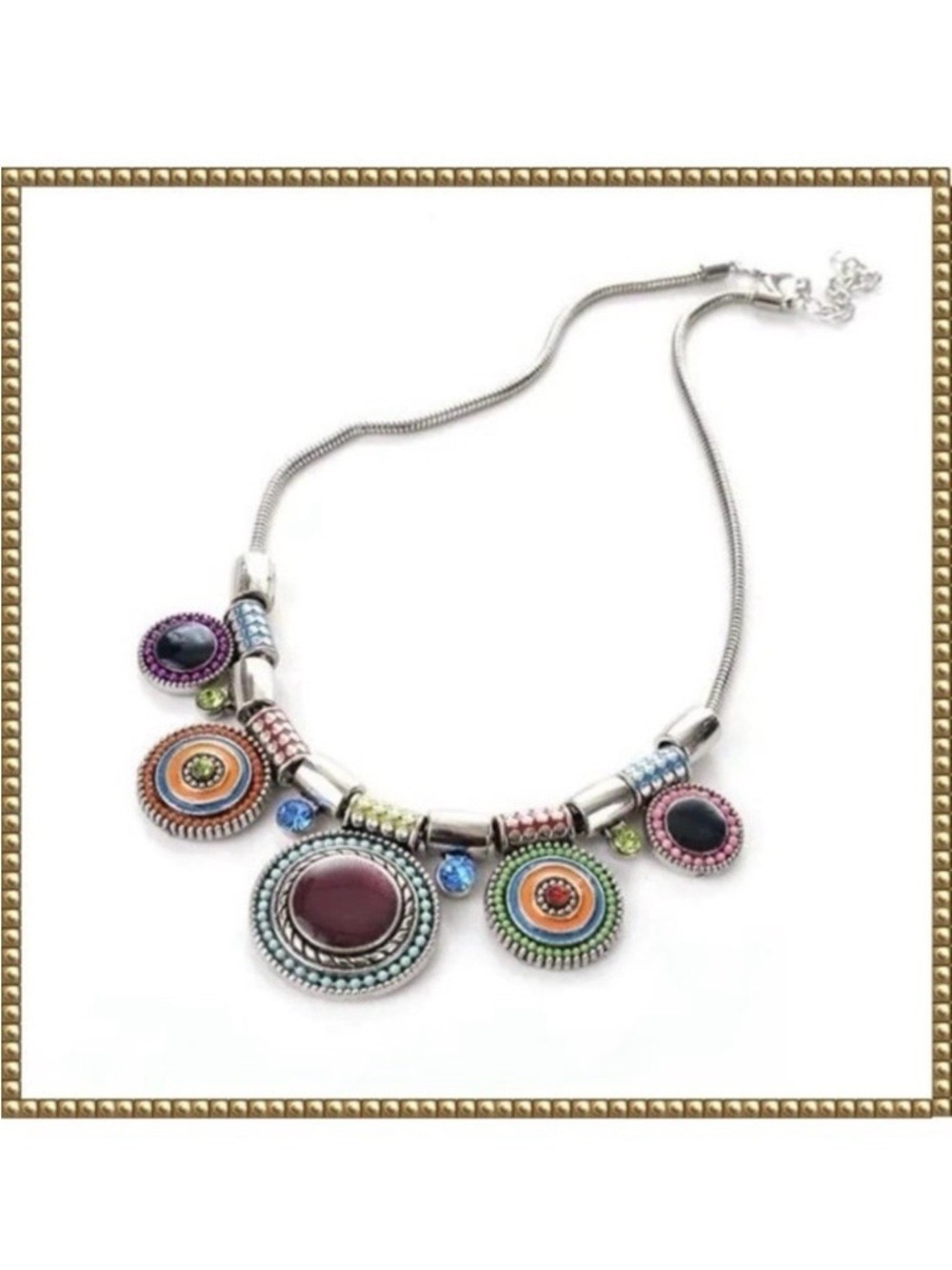 Boho Silver Tone Colorful Crystal Enamel Multi Pendant Necklace - Picture 2 of 9